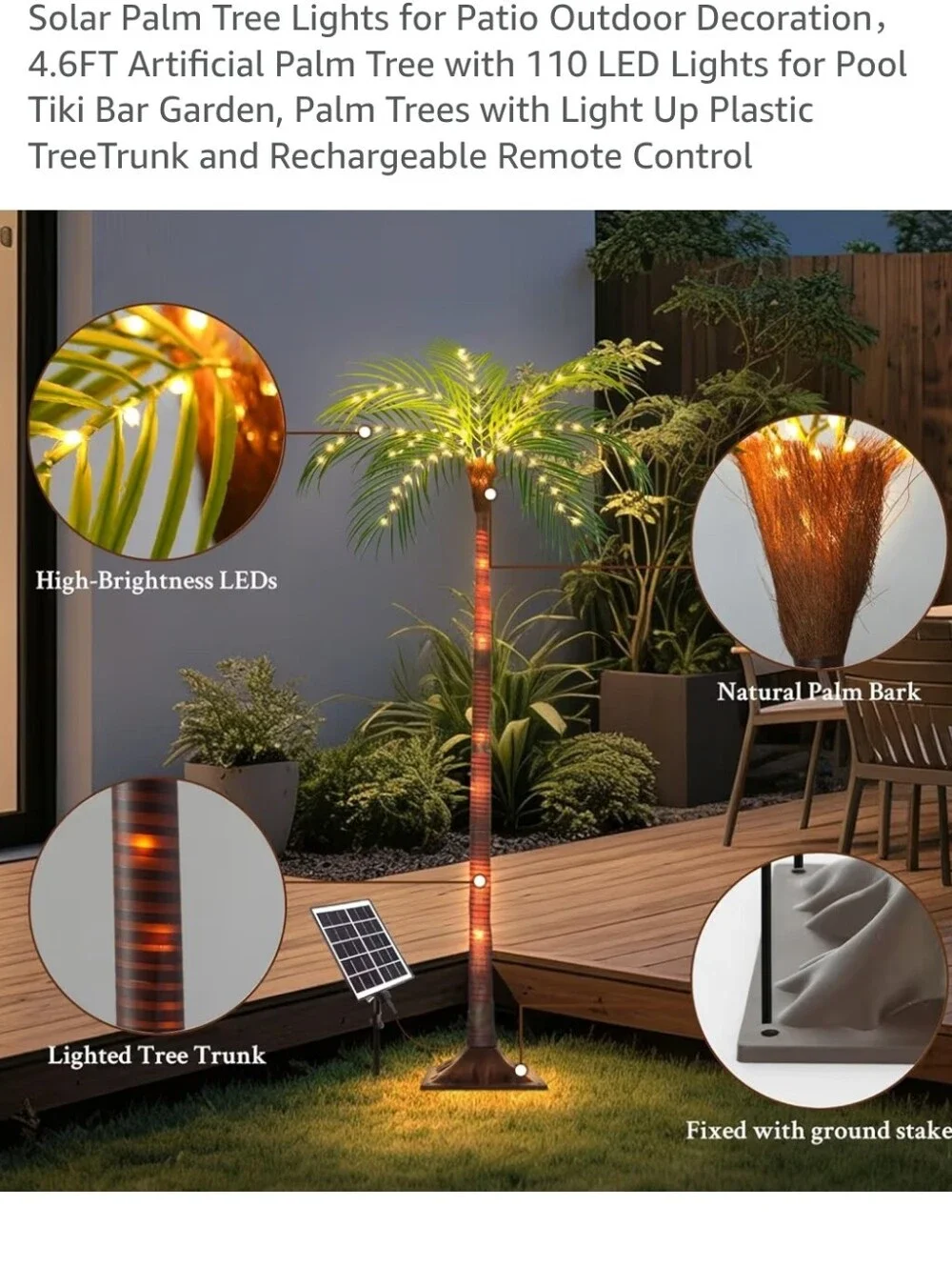 NWT Solar-Powered LED Palm Tree Light - Green Leaves, Brown Trunk 4.6ft